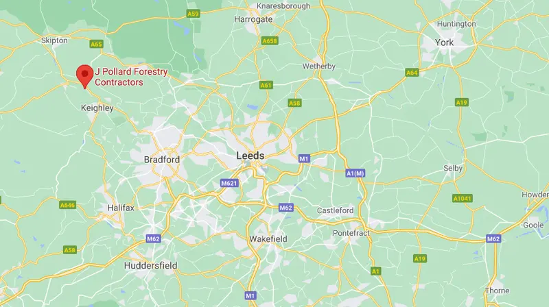 Map showing the Pollards Forestry & Landscaping Contractors coverage area from Keighley to Leeds, Harrogate and Wetherby